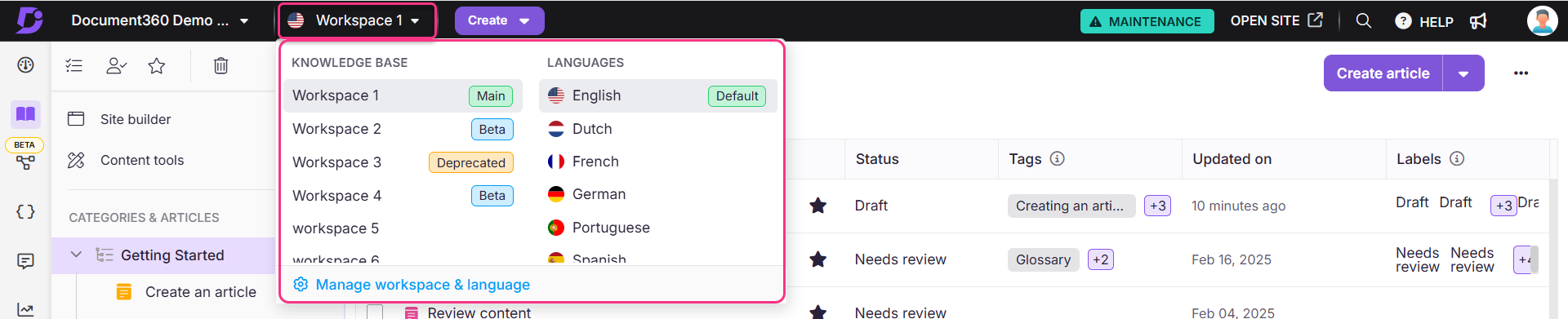 Workspace selection and language options in Document360 interface for knowledge base management.