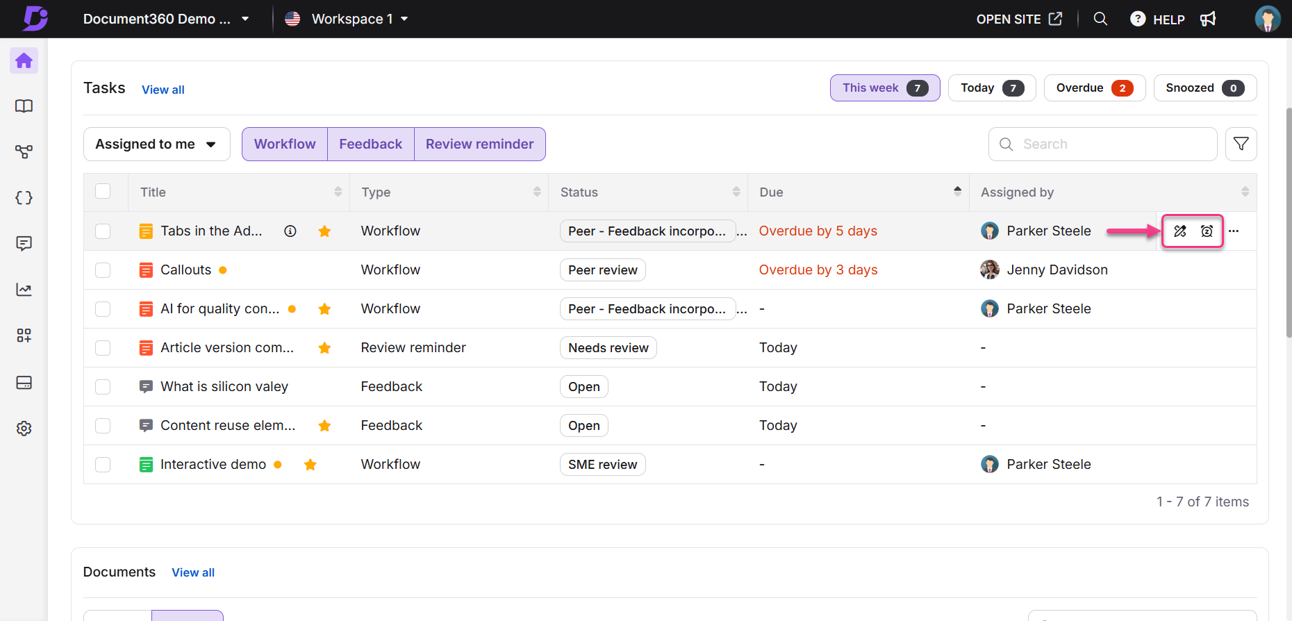 Task management interface showing overdue tasks and their statuses for team members.