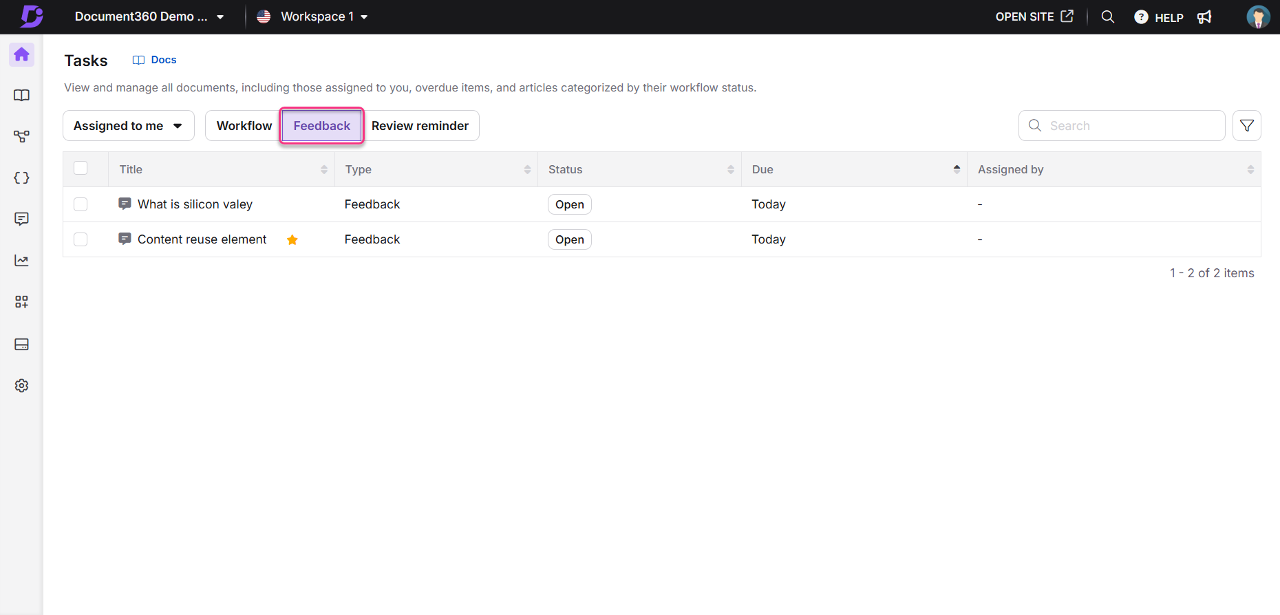 Task management interface showing feedback items and their statuses for review.