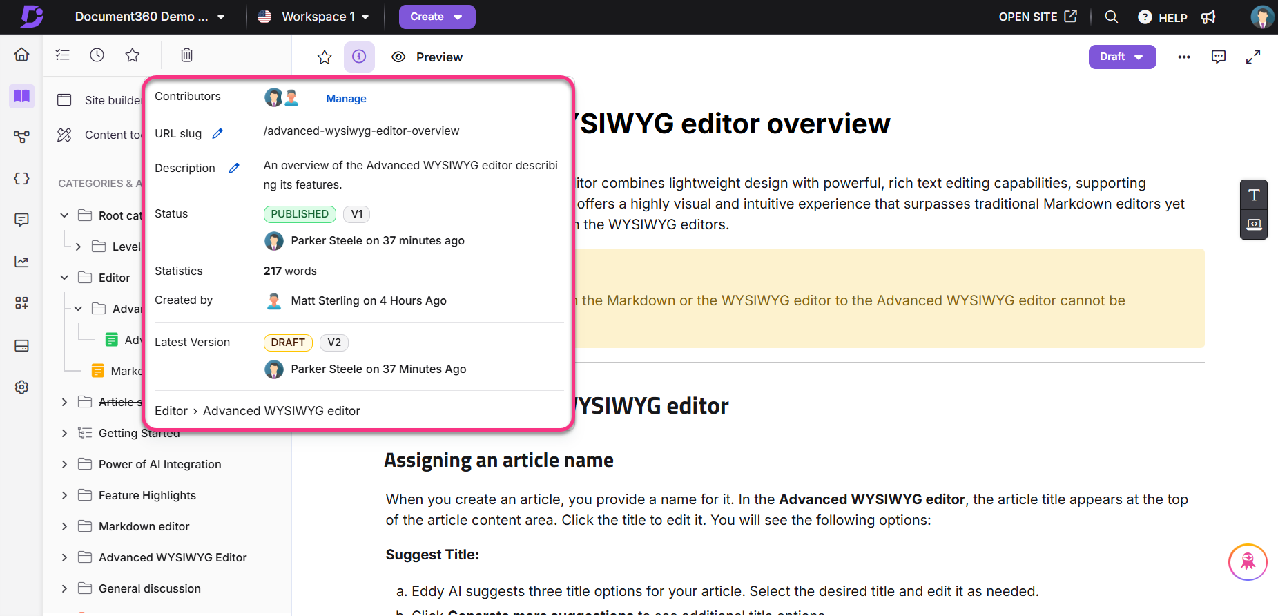 Overview of the Advanced WYSIWYG editor with details on article management features.