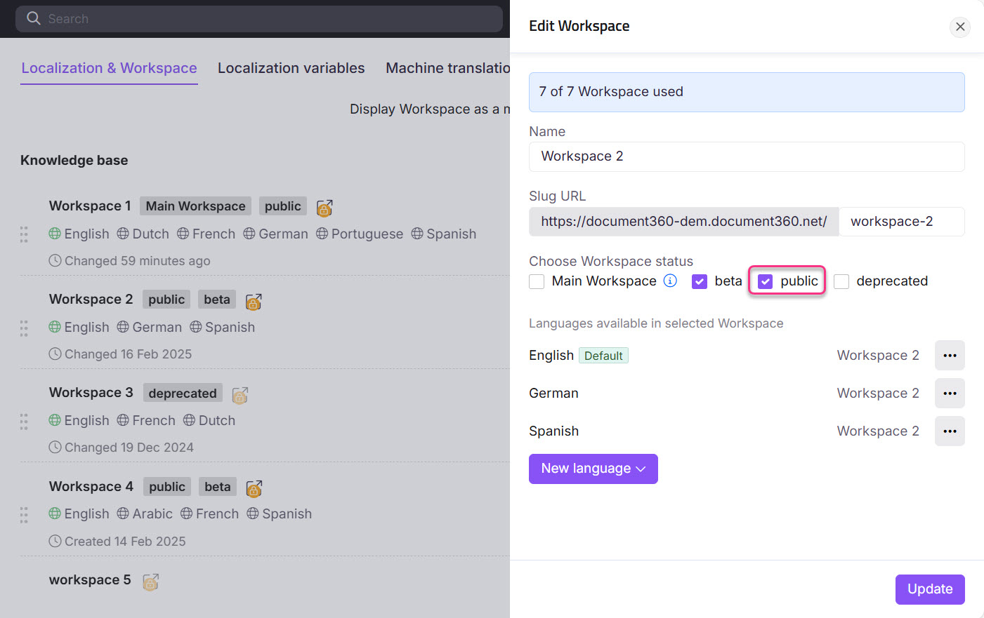 Editing workspace settings, including status and available languages for Workspace 2.