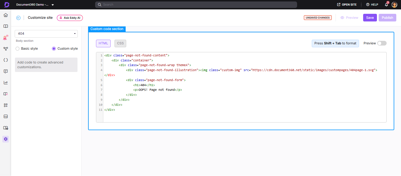 Custom style editor showing HTML and CSS sections for the 404 page