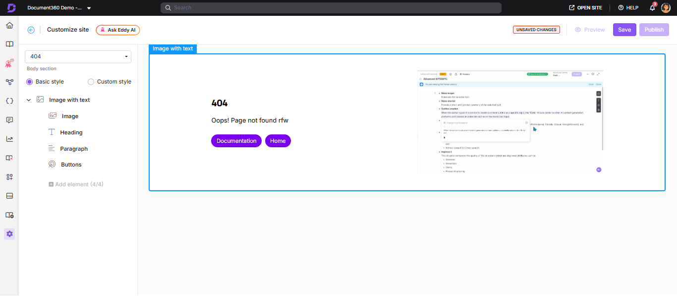 404 error page with options to navigate to documentation or home