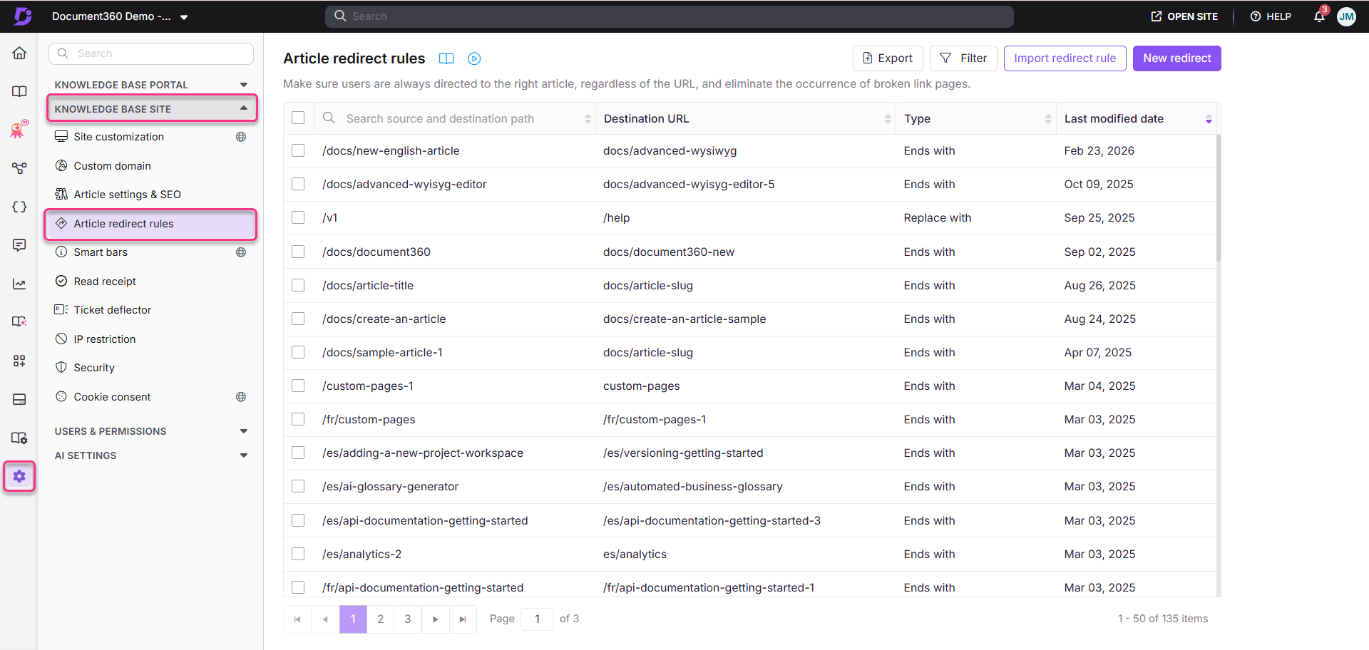 Overview of article redirect rules in a knowledge base management system interface.