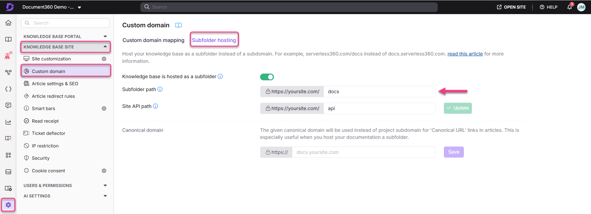 Settings menu showing custom domain options for knowledge base hosting configuration.