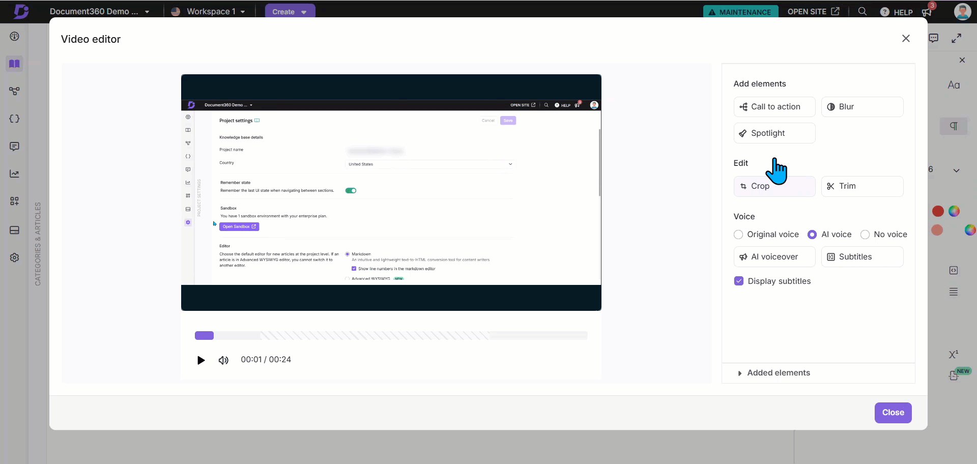 It shows how to add a blur element to a recording video in the Advanced WYSIWYG editor