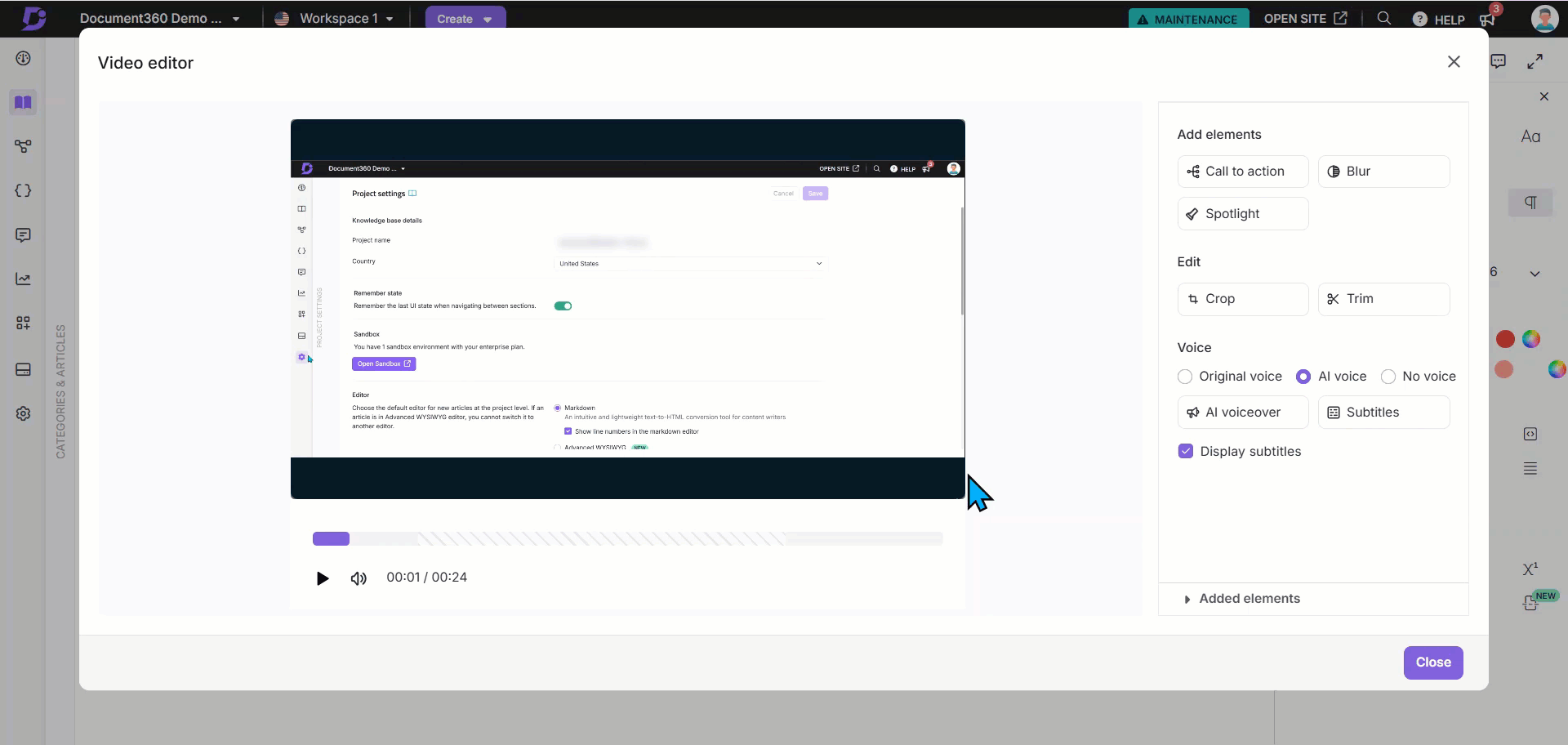 It shows how to add a call out action button to a recording video in the Advanced WYSIWYG editor