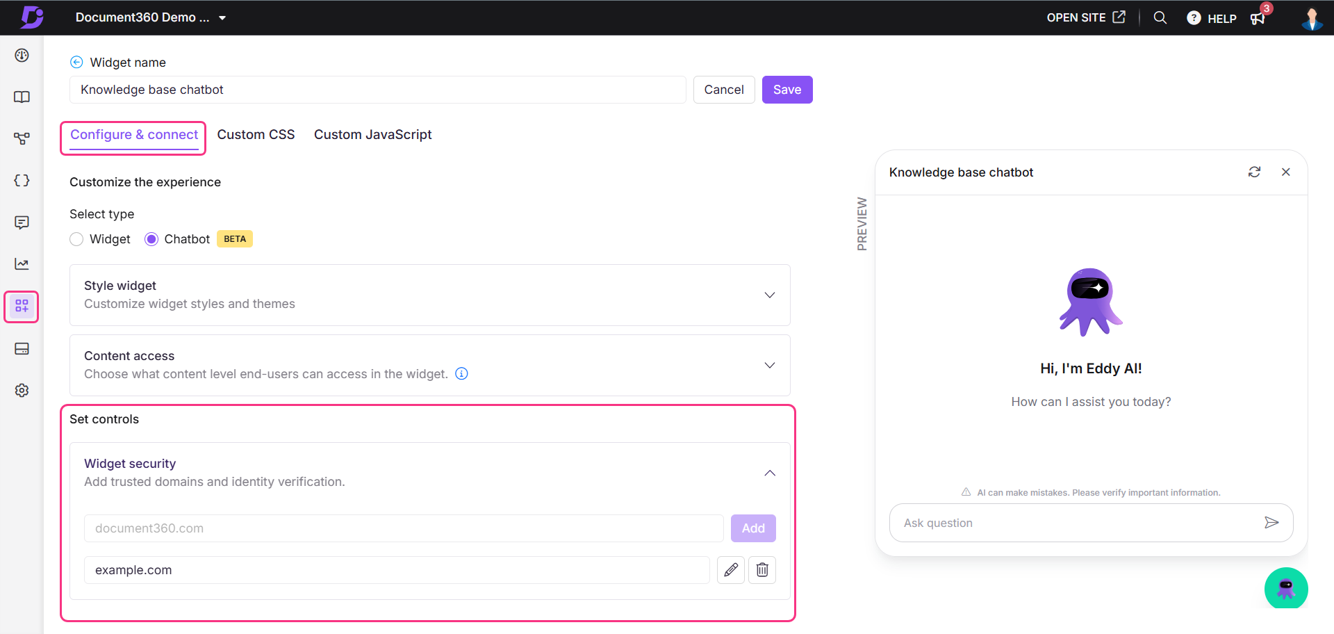 Image showing option to set controls in Chatbot