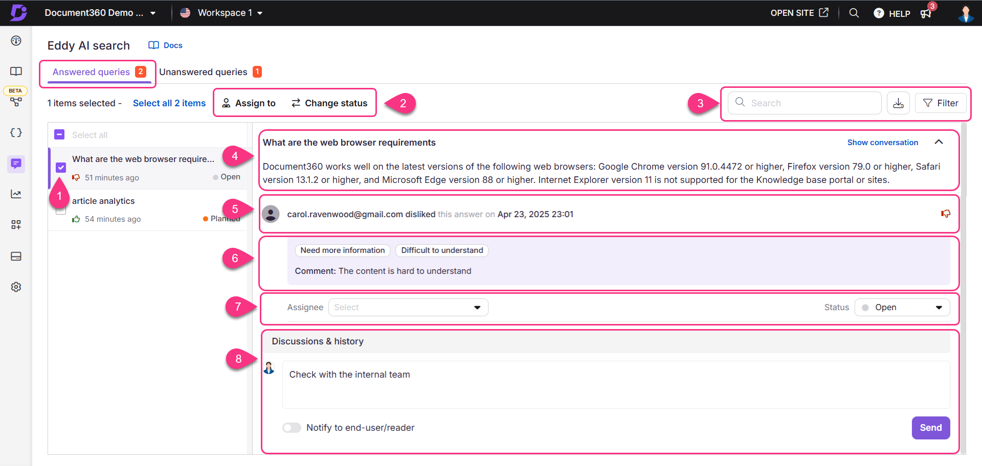 Image showing answered queries tab for Eddy AI feedback manager