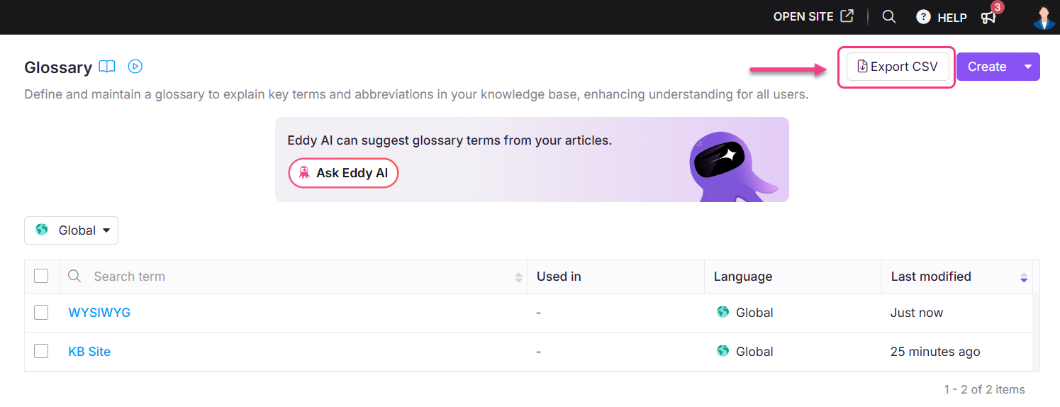 Export glossary list