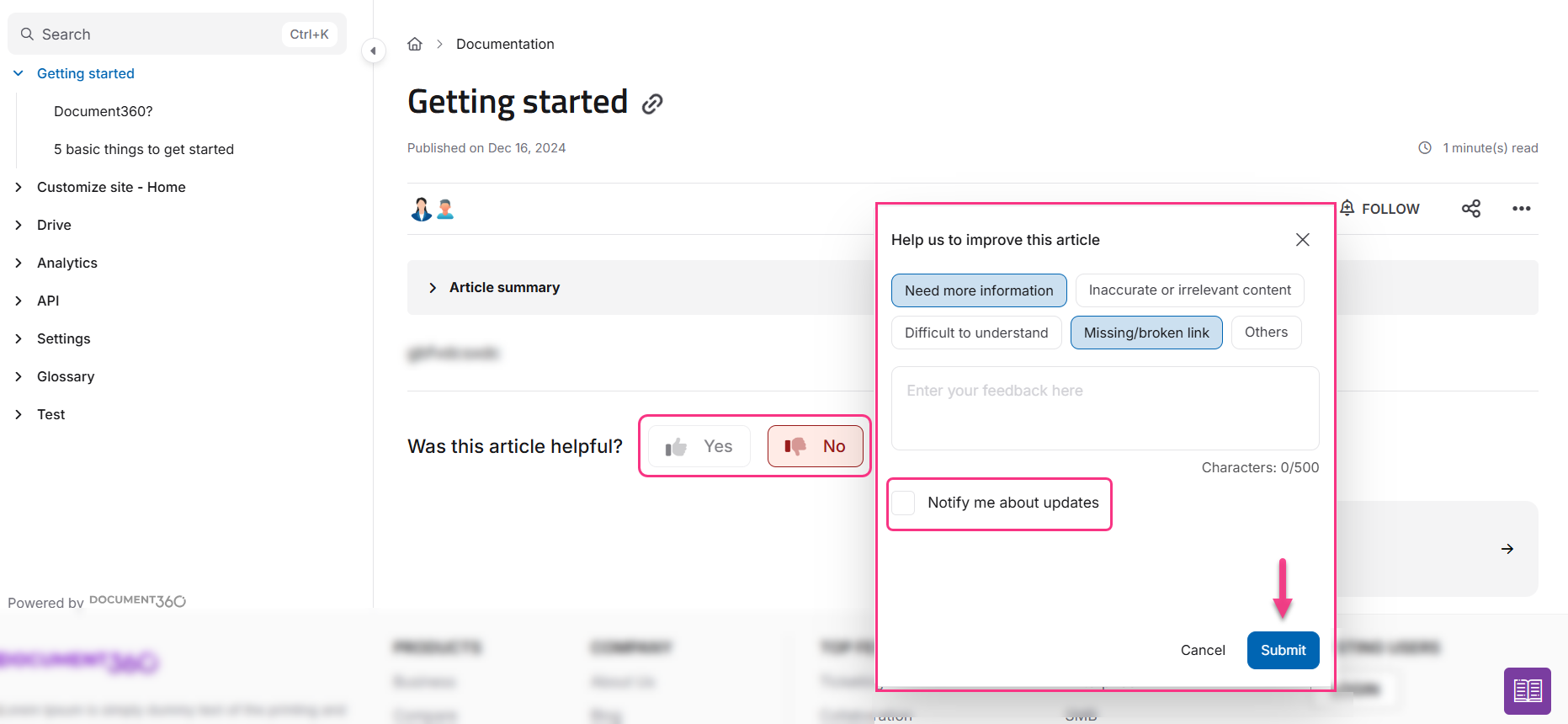 Image showing feedback submission on an article on the KB site