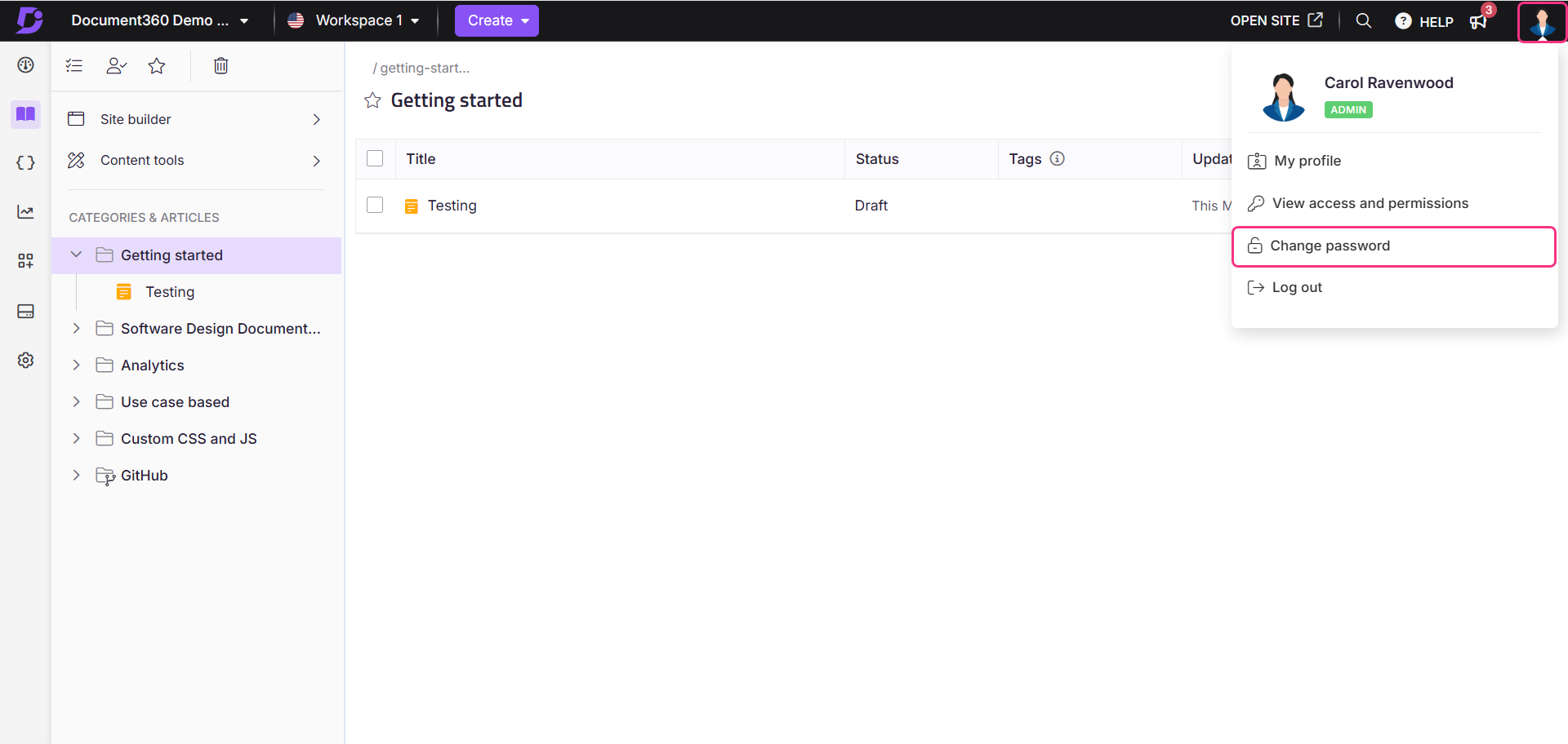 Image showing the option to change password