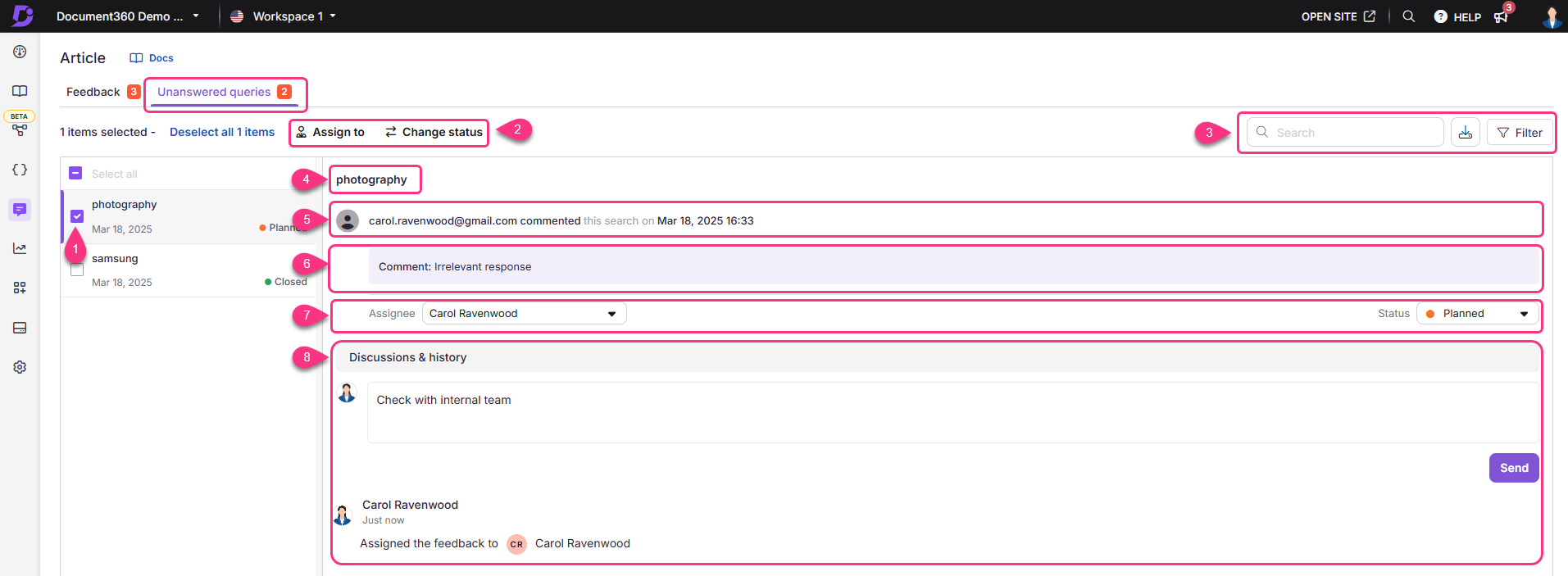 Image showing the elements of the Unanswered queries tab