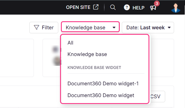 Image showing Knowledge base filter dropdown in reader analytics
