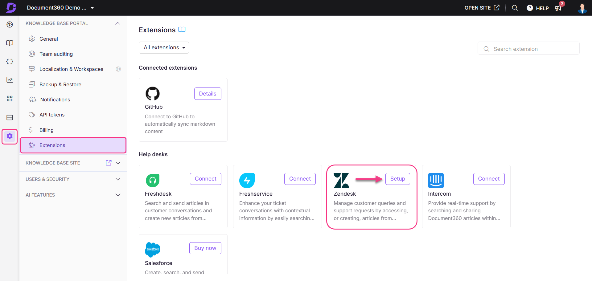 Image showing the Zendesk extension in the KB portal