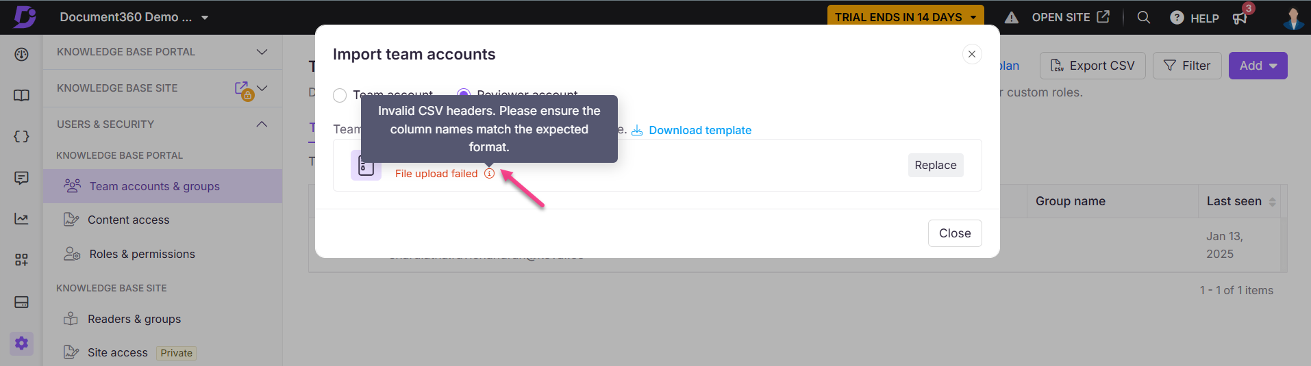 Image showing error while importing a team account