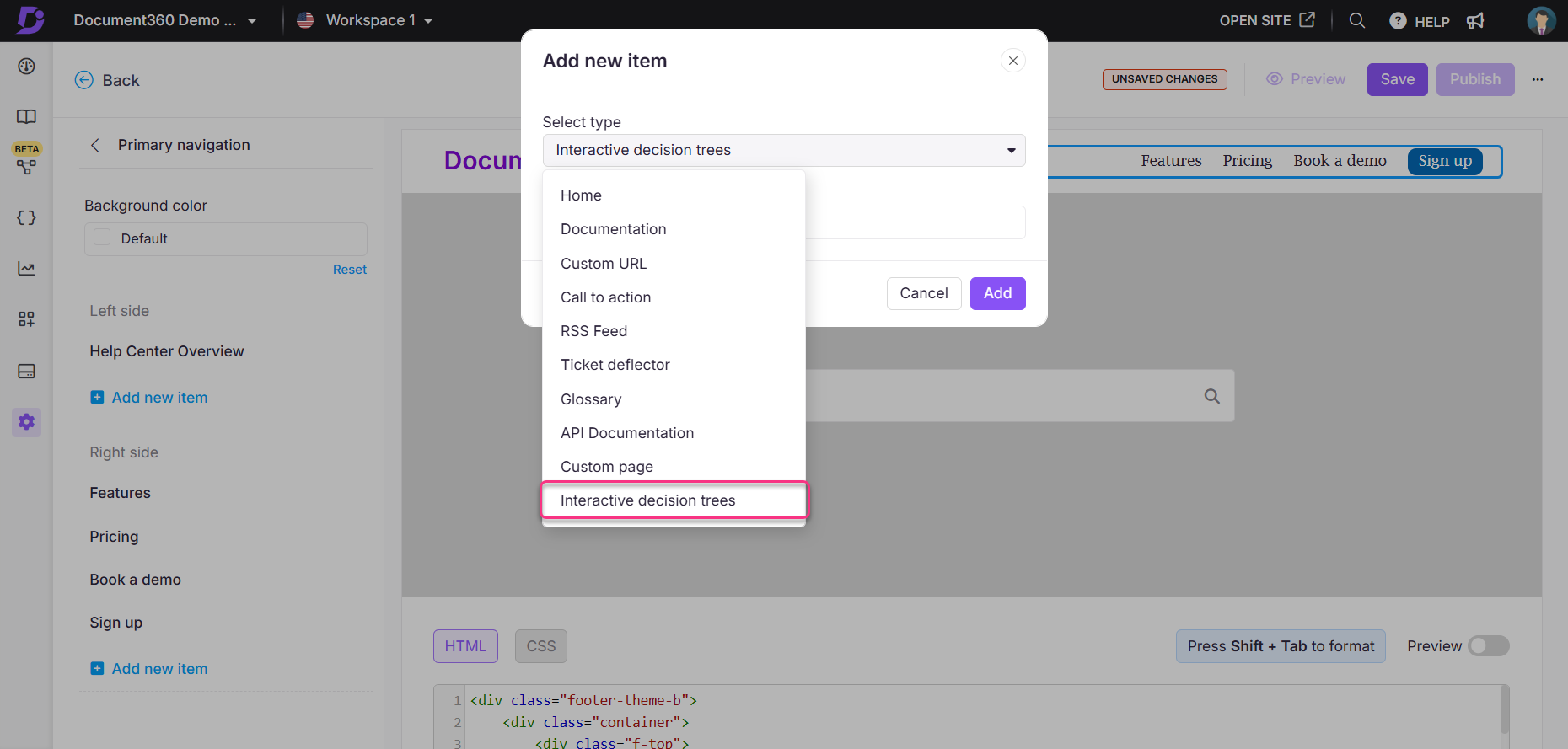 Adding a new item labeled 'Interactive decision trees' in the navigation menu.