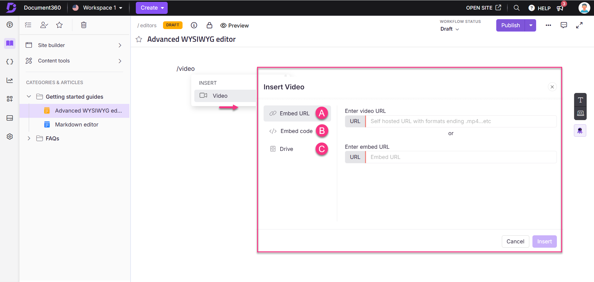 Insert video options in the Advanced WYSIWYG editor with highlighted elements for guidance.