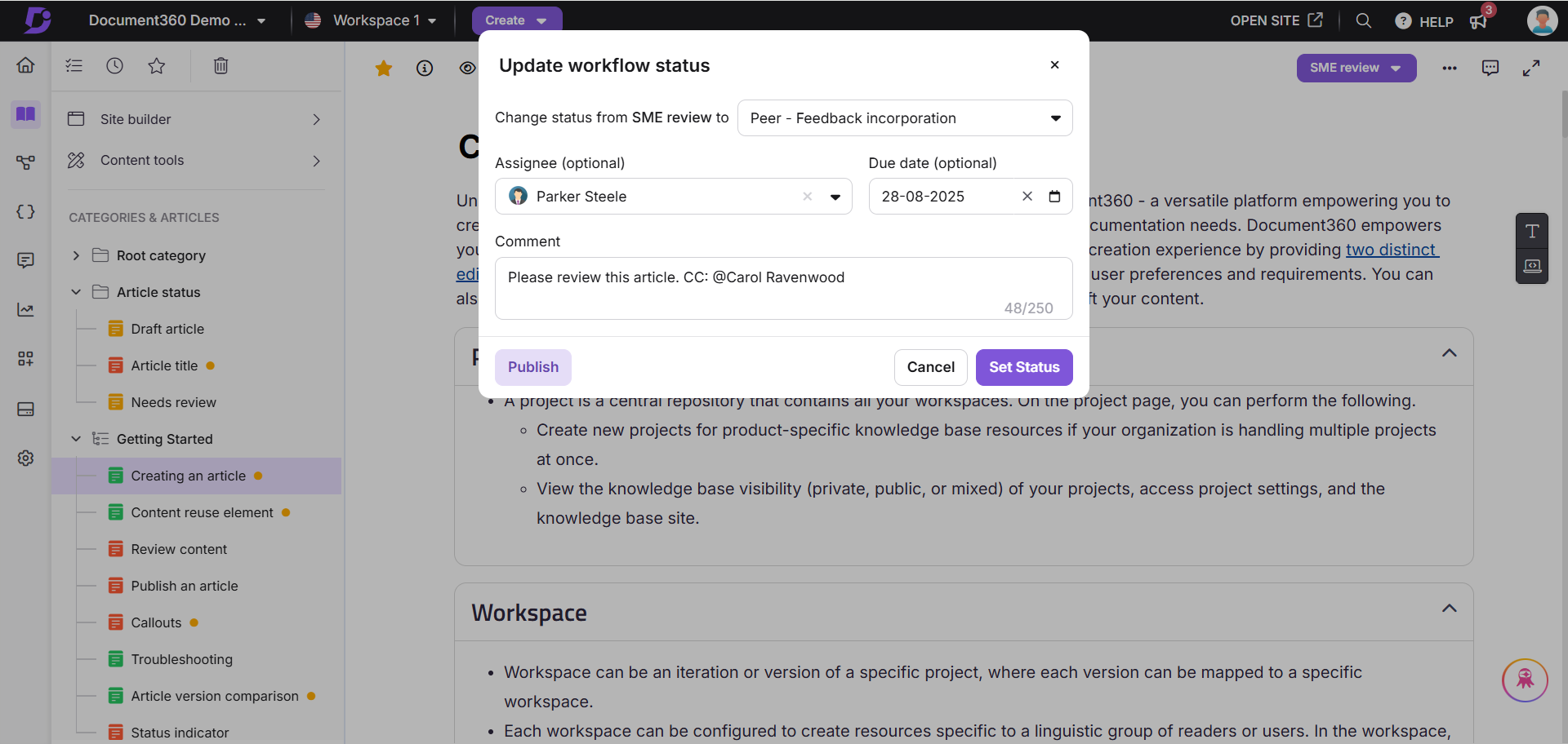 Workflow status update interface showing article review and assignment options.