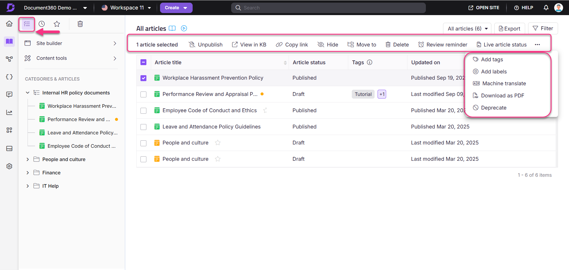 Document management interface displaying article statuses and options for selected articles.