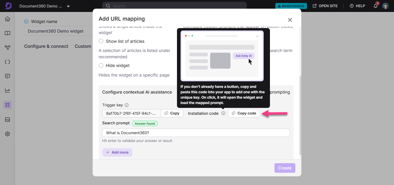 Instructions for adding URL mapping and contextual AI assistance in Document360 widget.