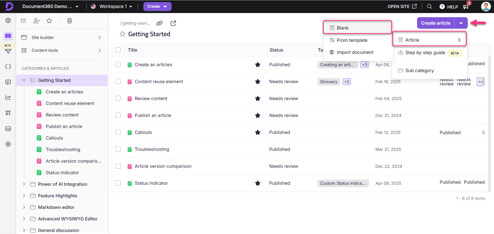 Document360 interface showing article creation options from the Create button in the index/folder type category