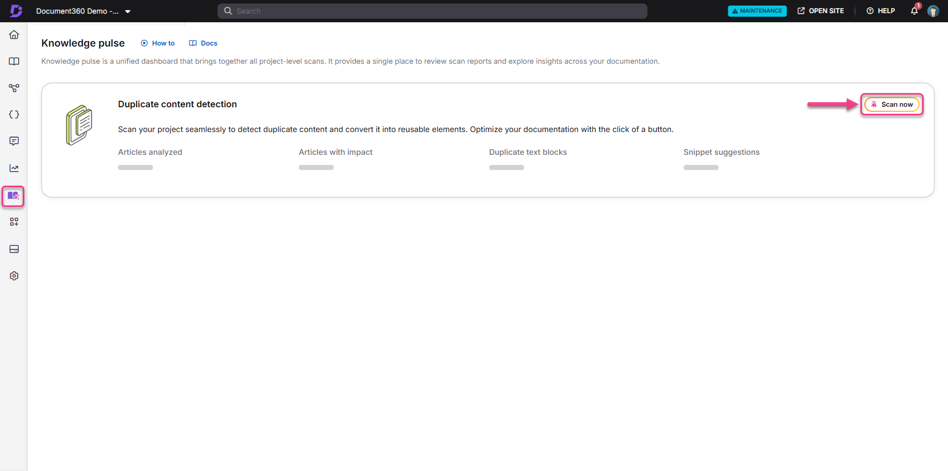 Dashboard displaying duplicate content detection with a prominent 'Scan now' button highlighted.