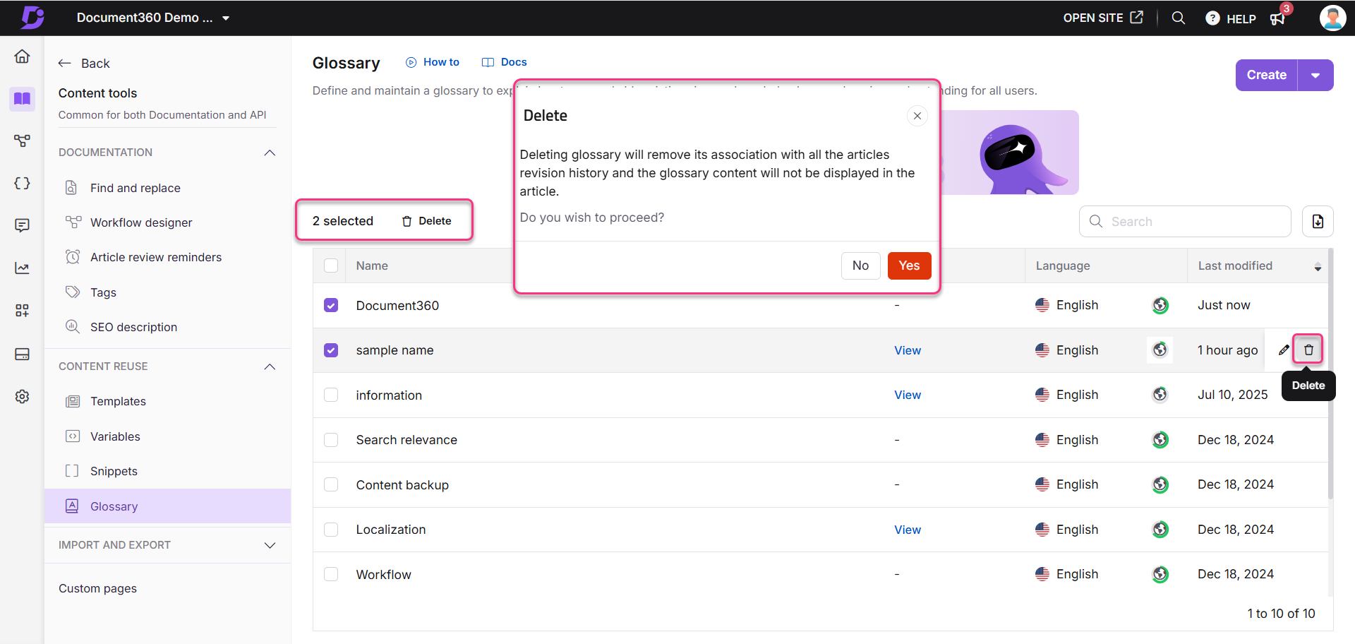 Confirmation dialog for deleting selected glossary items in Document360 interface.