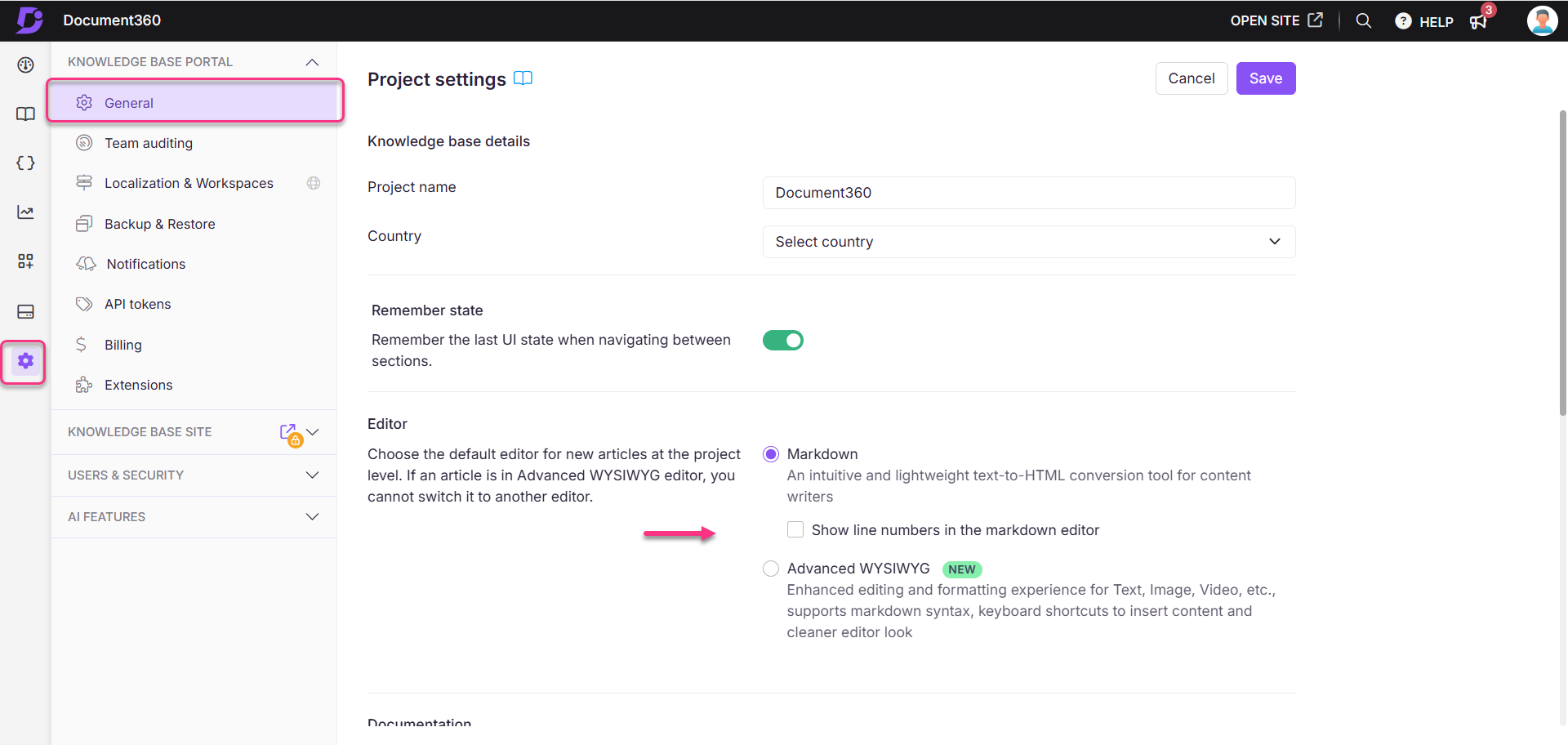Project settings page showing options for editor selection and remembering UI state.