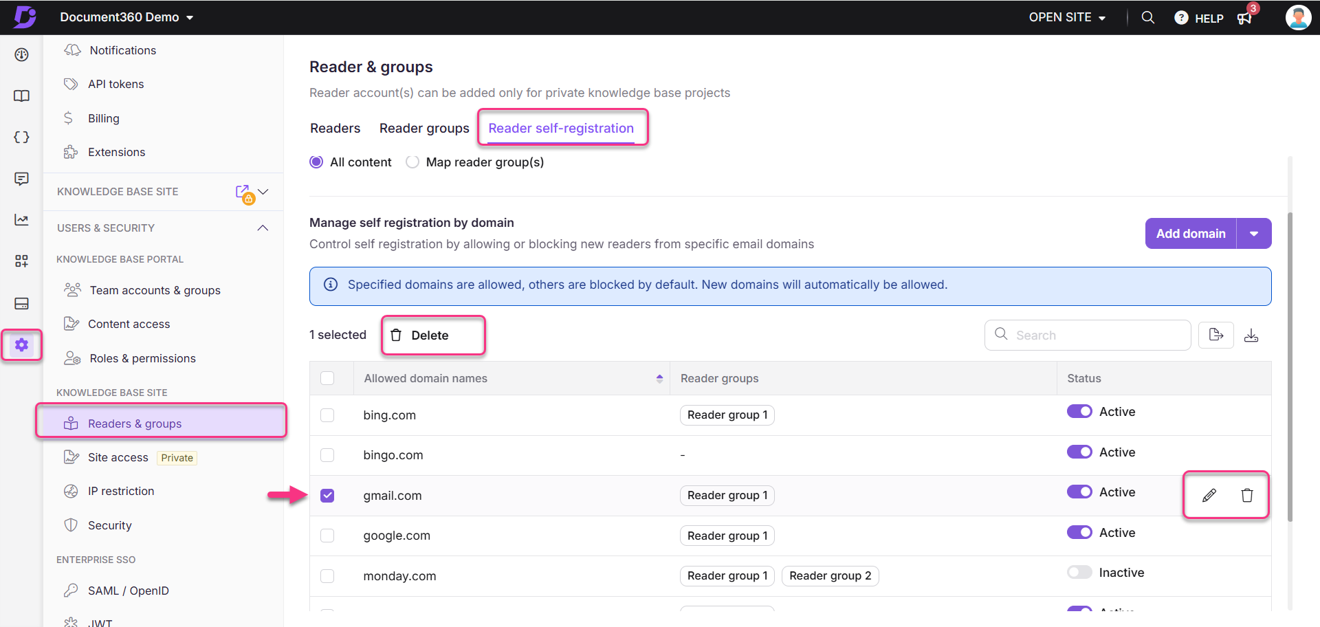 Manage reader self-registration by domain, allowing specific email domains for access.