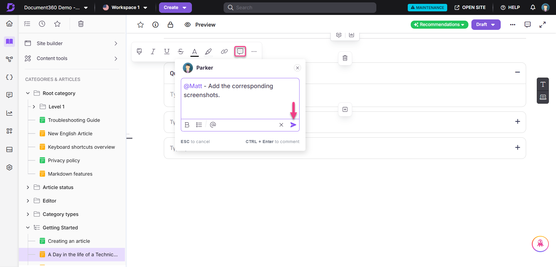 Comment section in a document editor requesting screenshots from a user.