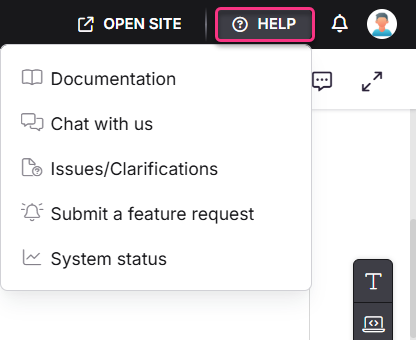 The help menu displays options like documentation, chat, and feature requests.