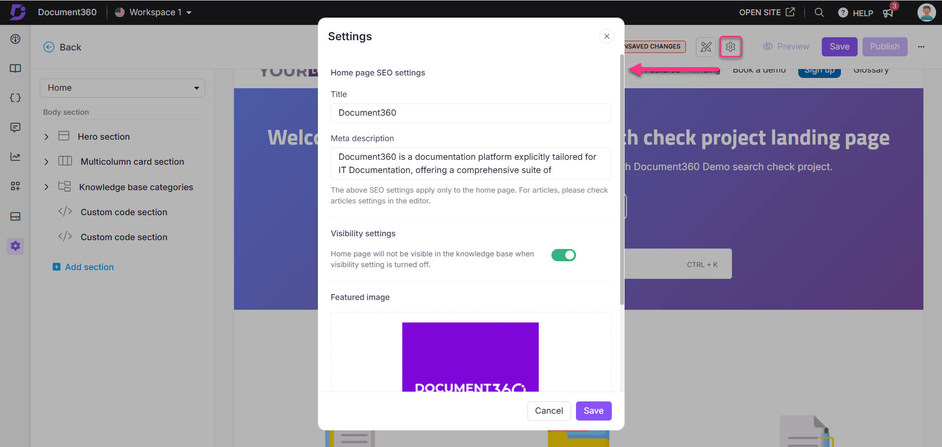 Settings menu for Document360 with SEO options and visibility settings displayed.