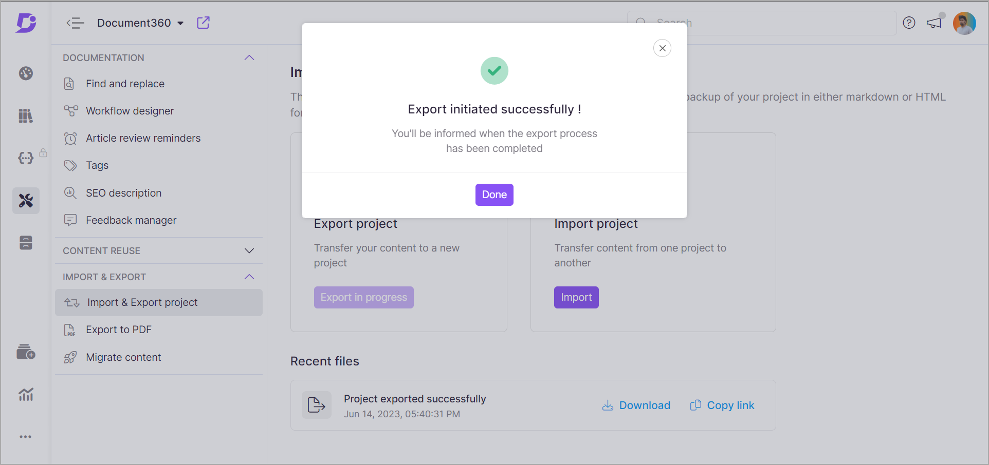 4_Screenshot-Import_and_Export_projects-Export_initiated_successfully