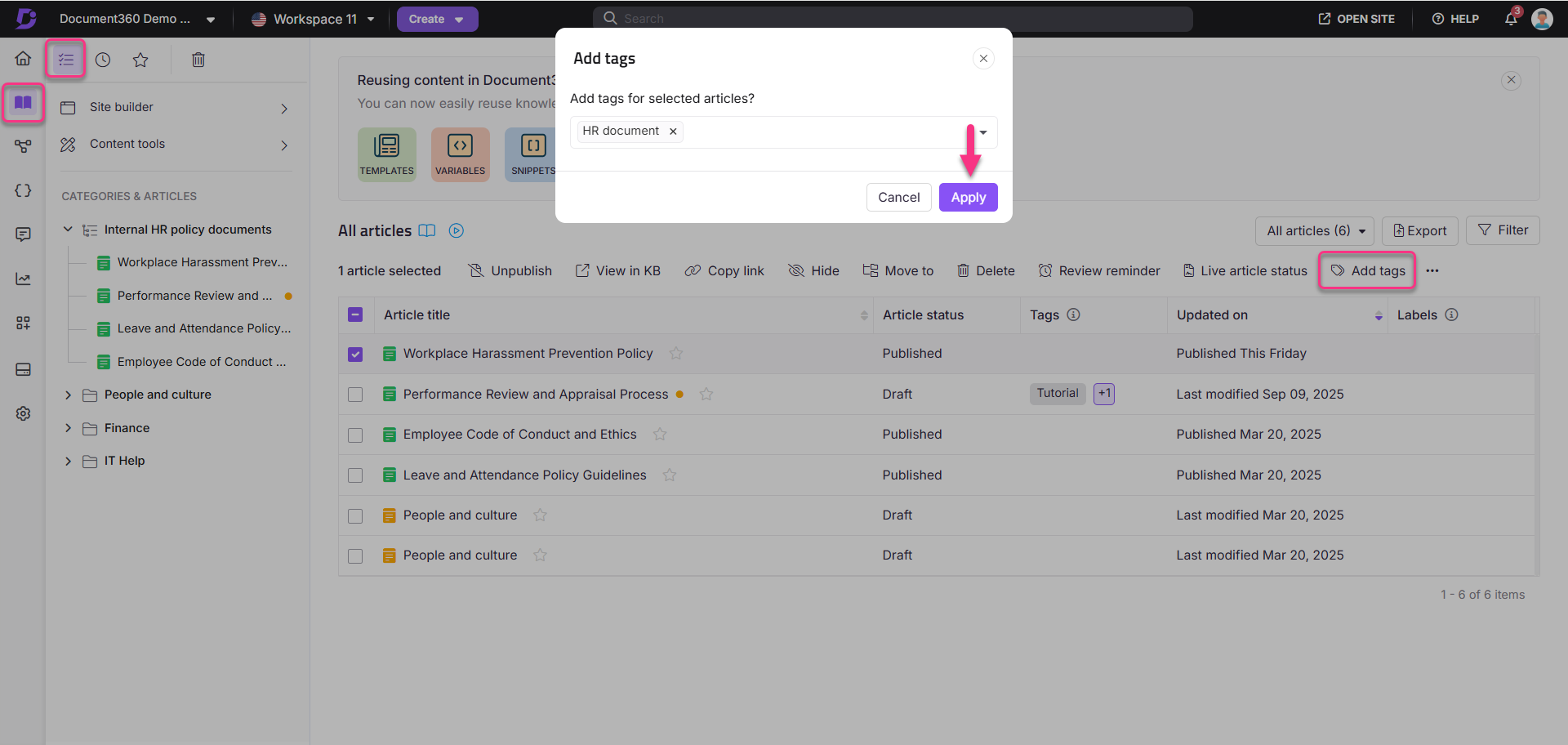 Interface for adding tags to selected articles in Document360 workspace.