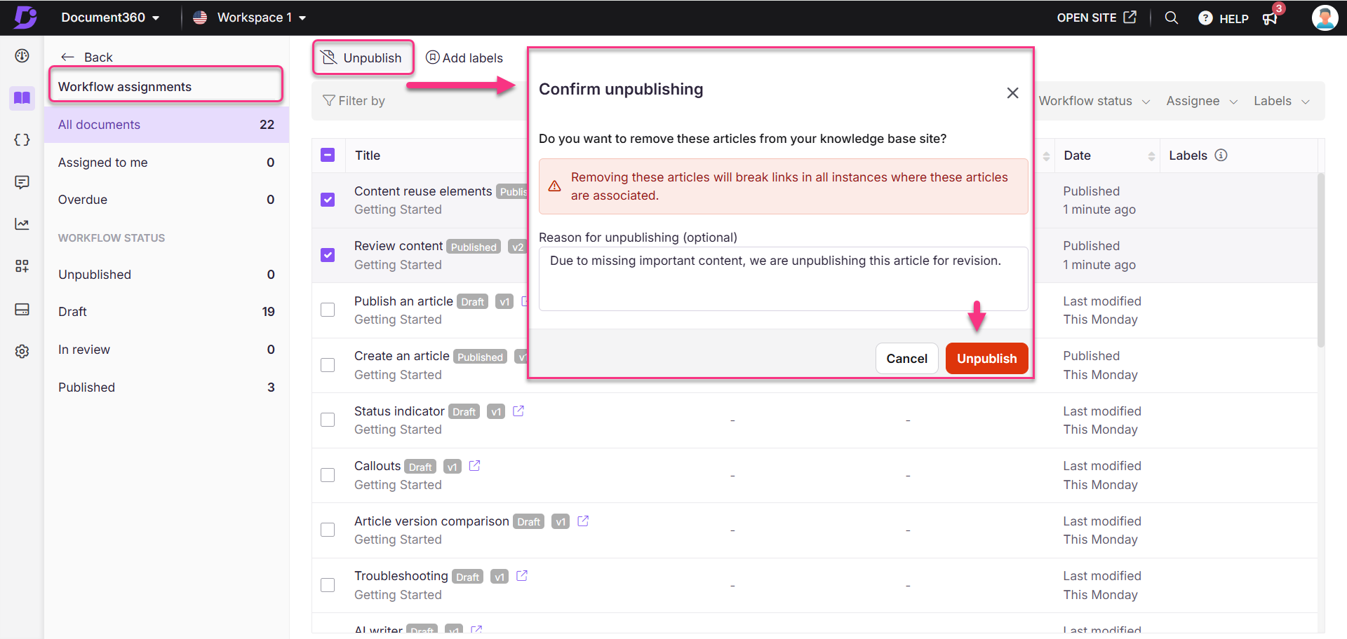 Confirmation dialog for unpublishing articles from the knowledge base site.
