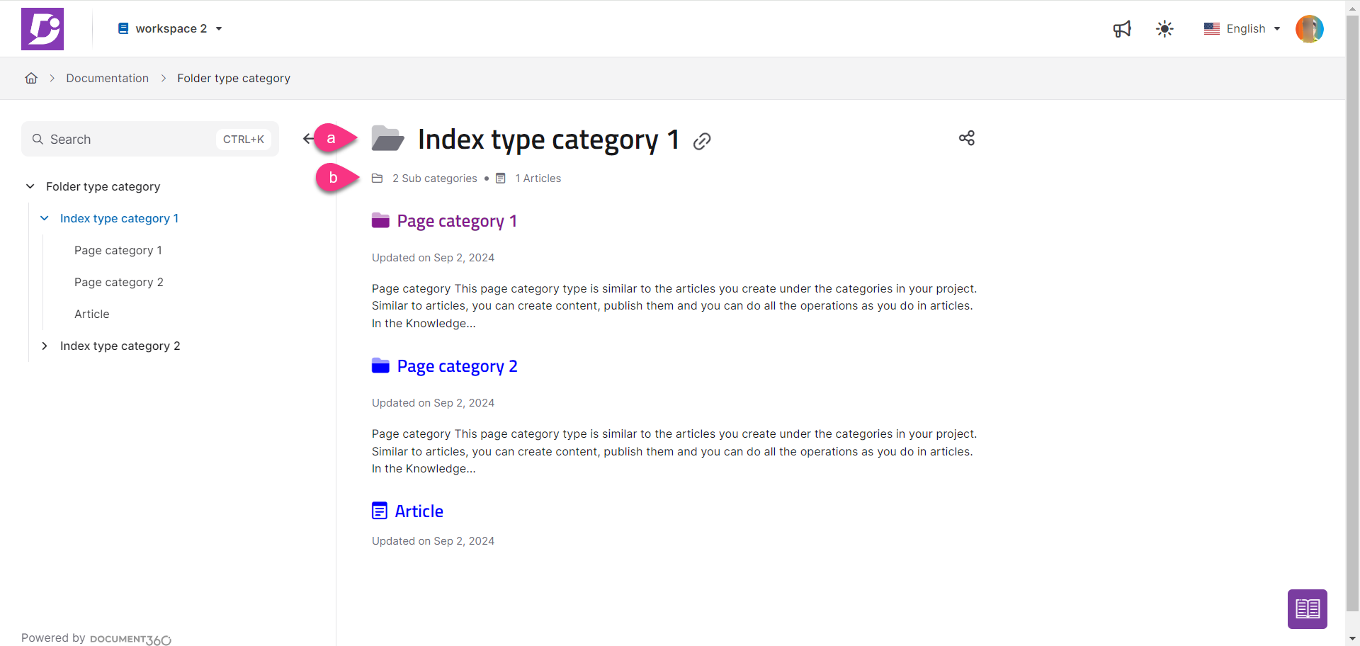 Screenshot of Knowledge base site for indx category type