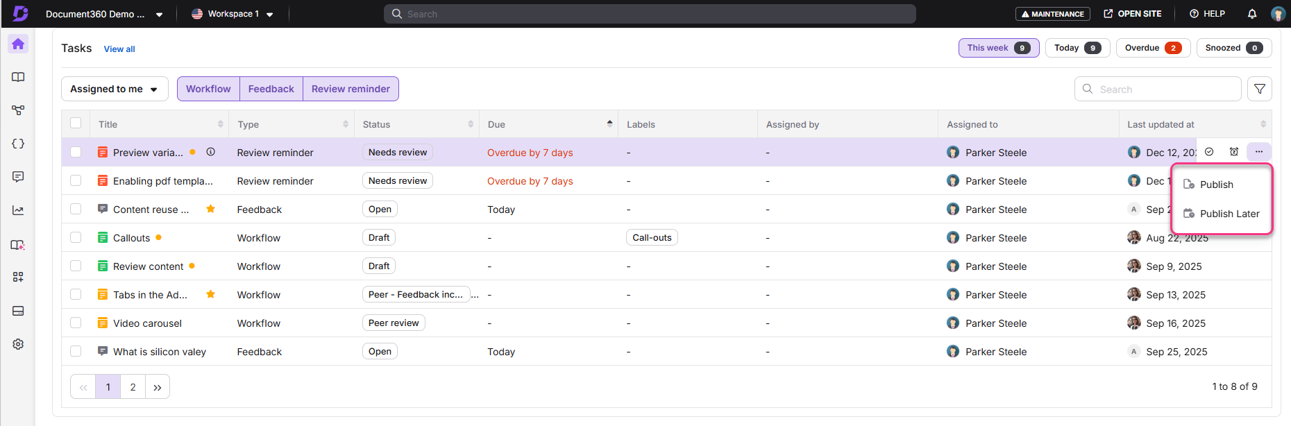 Task management interface showing overdue tasks and options to publish or schedule.