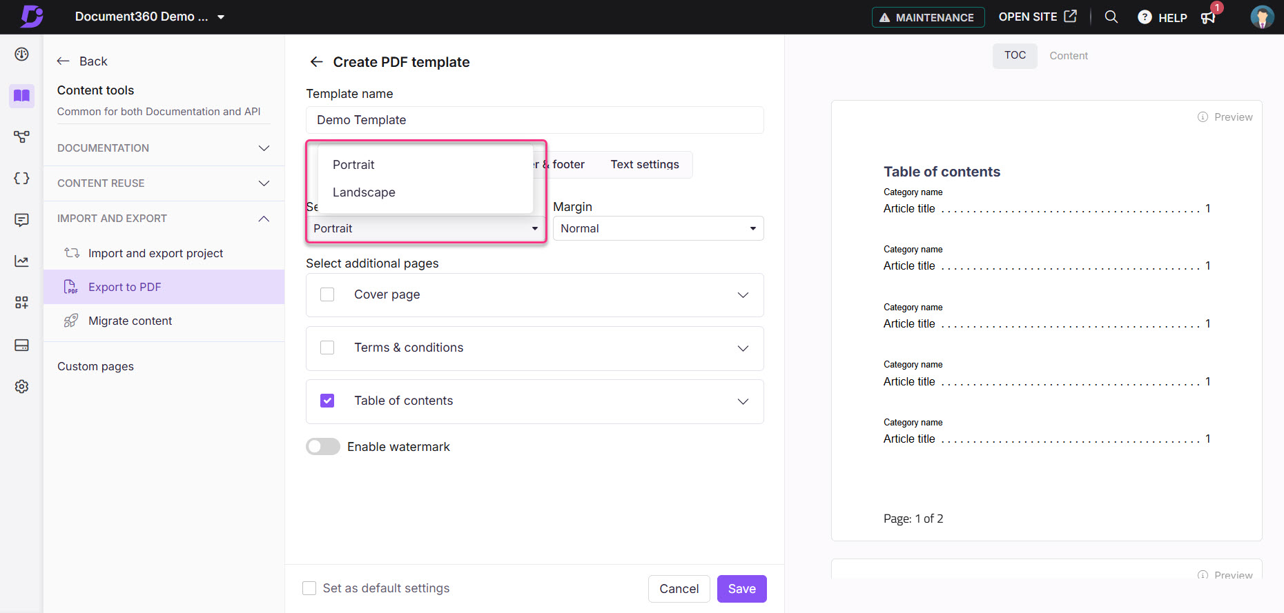 Creating a PDF template with options for portrait and landscape orientations.