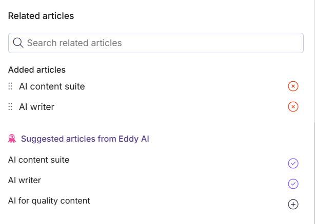 List of articles with search bar and suggested articles from Eddy AI.