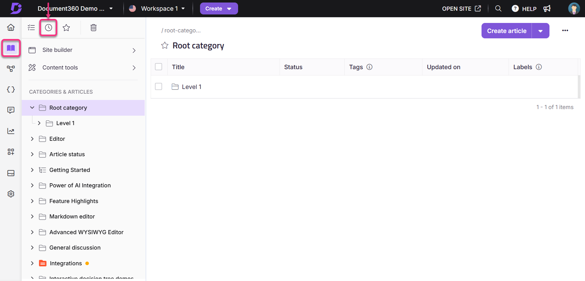 Document360 interface showing categories, articles, and options for creating content.
