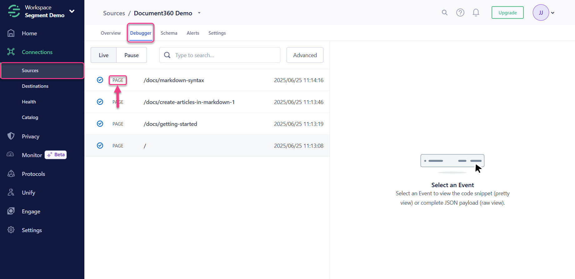 Segment interface showing sources with highlighted page links and debugger option.