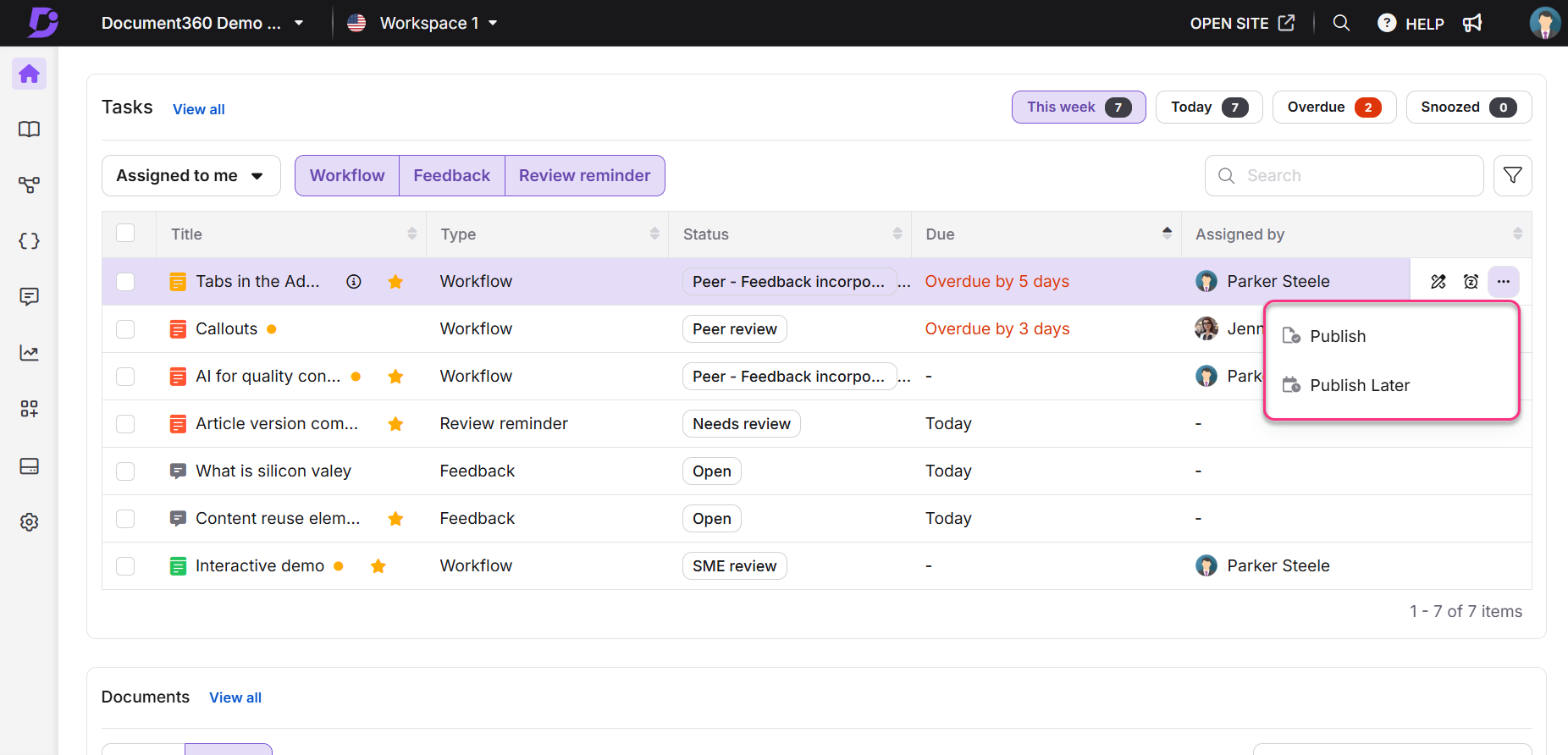 Task management interface showing overdue tasks and publishing options for documents.