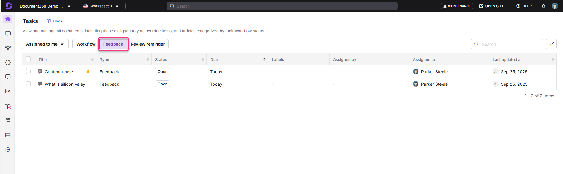 Task management interface showing documents assigned for feedback and their statuses.