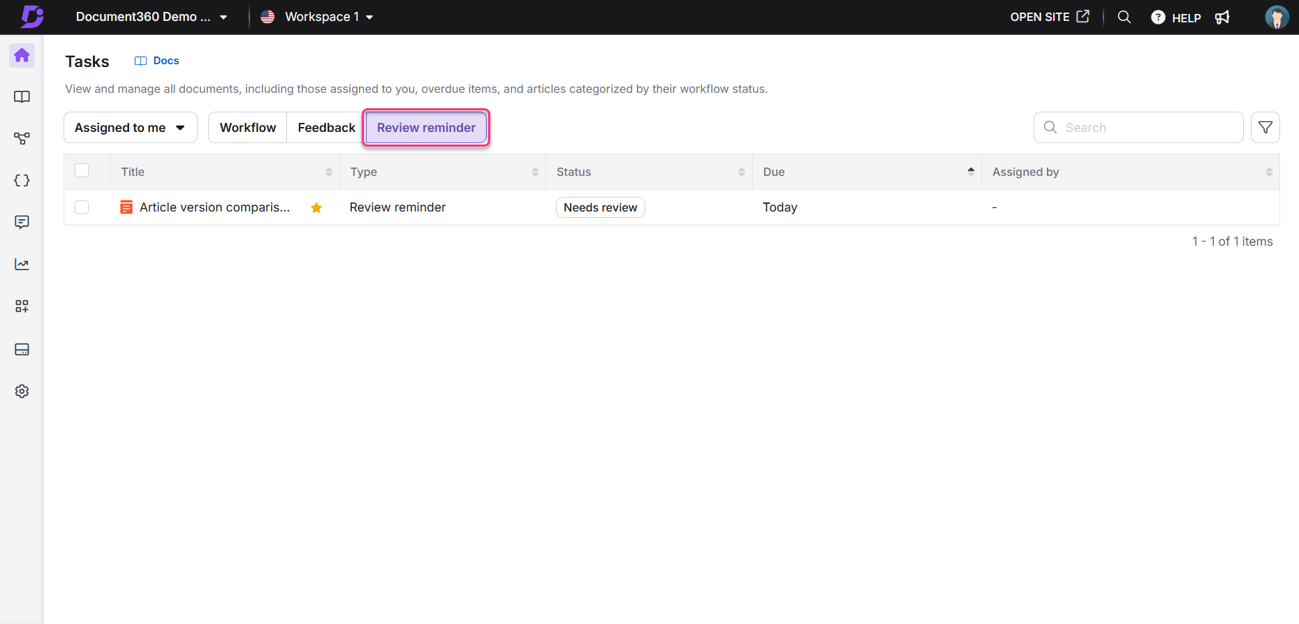 Task management interface showing a review reminder for an article needing review.