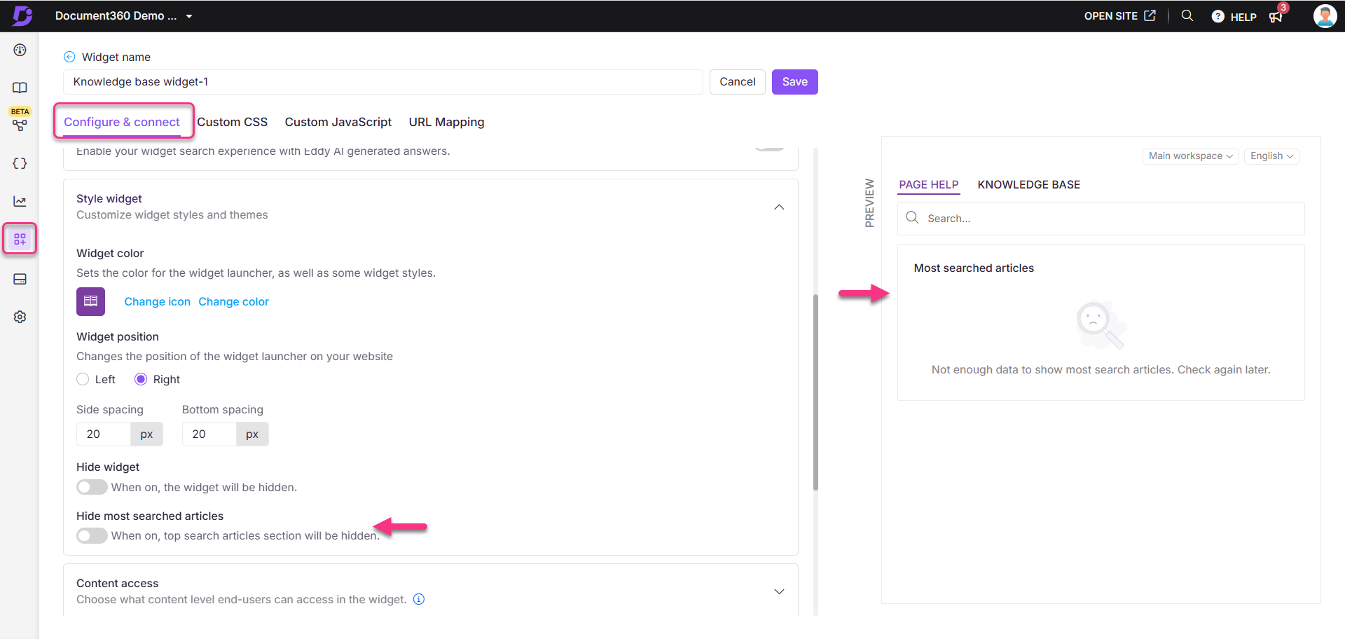 Settings for a knowledge base widget with options for customization and visibility.