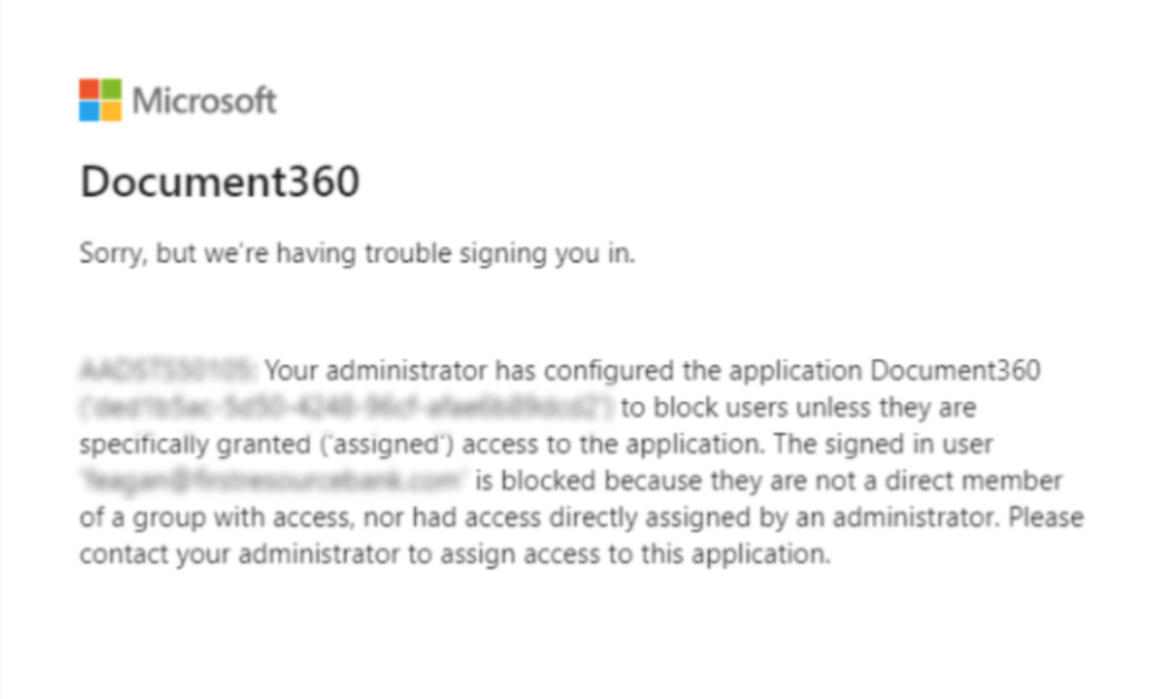 Error message indicating trouble signing into Document360 due to access restrictions.