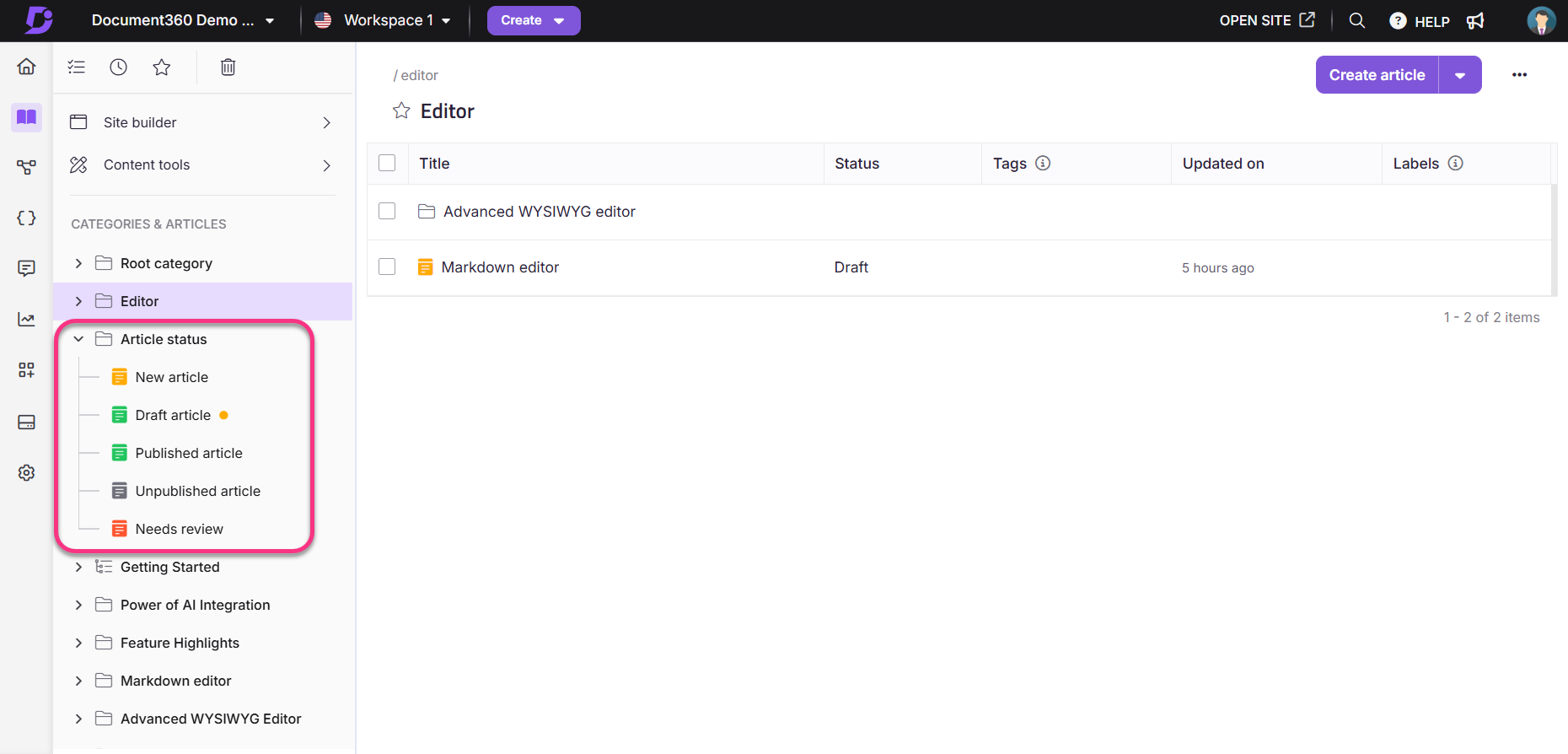 Editor interface displaying article statuses and editing options for content management.