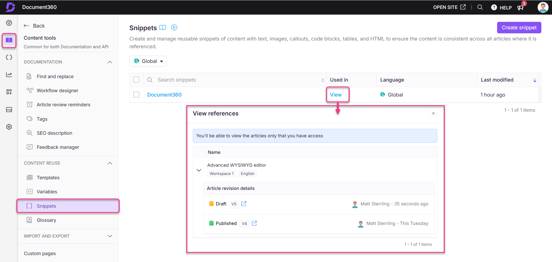 Document360 interface showing snippets and article revision details with highlighted elements.