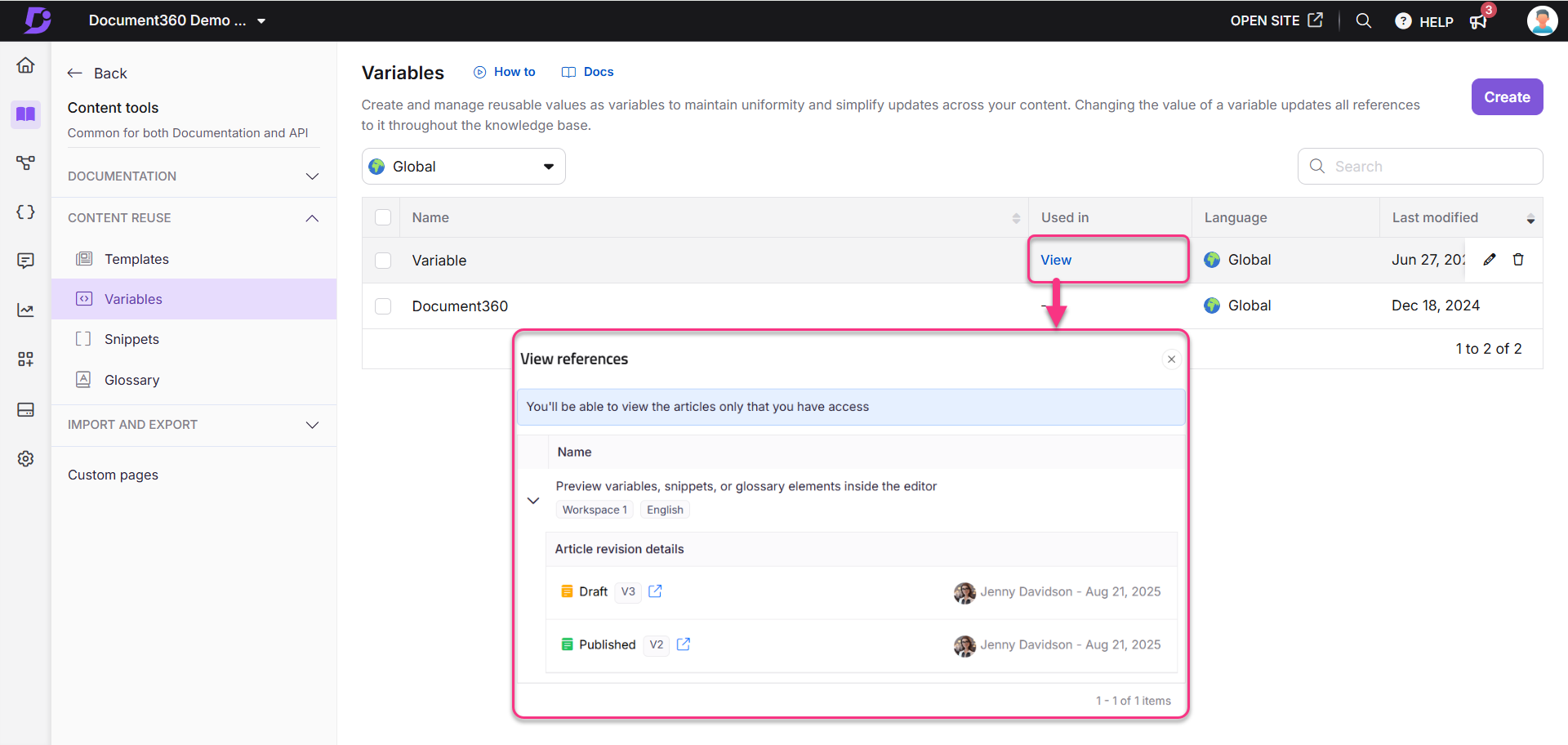 Document360 interface showing variables and view references for article management.